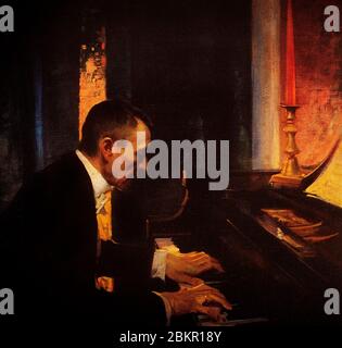 Sergei Rachmaninoff (1873-1943) der russische Pianist, Komponist und Dirigent spielt 1920 sein Steinway-Klavier. Gemälde von Charles. E. Kammern. Stockfoto