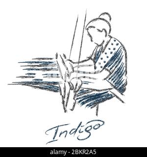 Eine Frau Hand Weben und Färben Zeichnung mit Pinsel Linie Strichstil. Tragen eines Indigo-Stoffes und lokale Textilien. Stock Vektor