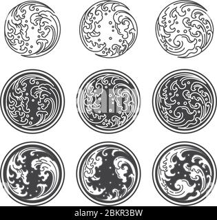 Orientalische Wasserwelle in Yin Yang Kreisform. Umriss und mit Grau gefüllt. Symbolisch für das Gegenteil. Für konzipiert von Thai, Japanisch, Chinesisch glaubwürdig. Stock Vektor
