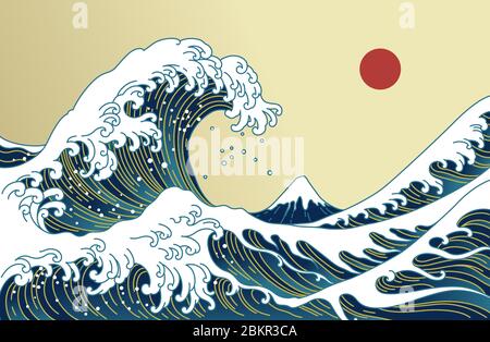 Große asiatische Meereswelle, rote Sonne und die Bergillustration. Goldene Farbtöne. Meer von Kanagawa. Stock Vektor