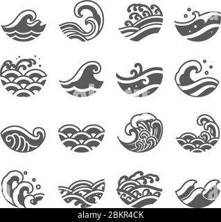 Satz von Seewellen-Symbol-Vektor. Moderne und traditionelle Meereswellen-Stil für Logo, Surf-Sport, Tattoo. Stock Vektor