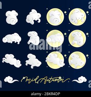 Chinesische Wolkenvektordarstellung. Gradient weißen Kaninchenwolken und Mond für Mitte Herbst Festival. -Vektor Stock Vektor