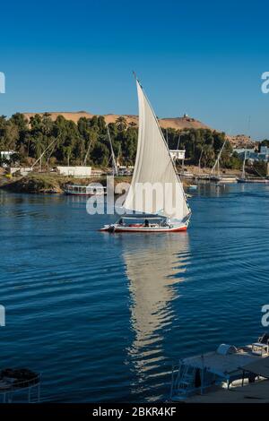 Ägypten, Oberägypten, Niltal, Assuan, Felucca am Nil vor der Insel Elephantine Stockfoto