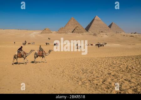 Ägypten, Kairo, Gizeh, UNESCO-Weltkulturerbe, Menkaure, Chephren und Cheops Pyramiden, Kamelfahrer Stockfoto