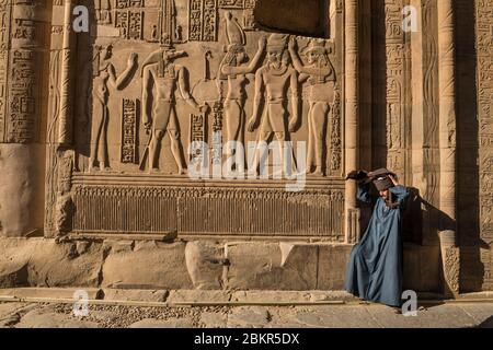 Ägypten, Oberägypten, Niltal, Kom Ombo, Tempel von Sobek und Haroeris, Basrelief Darstellung der Krokodilgott Sabek Stockfoto