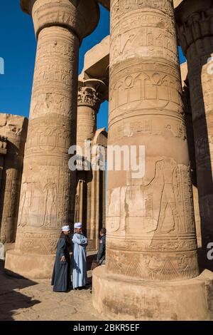 Ägypten, Oberägypten, Niltal, Kom Ombo, Tempel von Sobek und Haroeris, Tempelwächter vor dem Basrelief Stockfoto