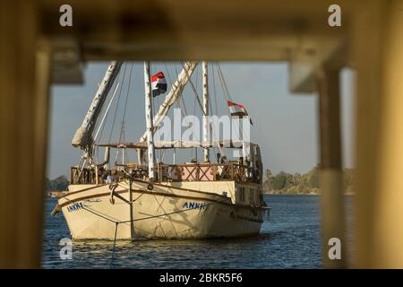 Ägypten, Oberägypten, Niltal, Esna, die Ankh1 dahabieh Segeln auf dem Nil zwischen Luxor und Assuan Stockfoto