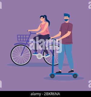 Junges Paar in Roller und Fahrrad Avatar Charakter Symbole Stock Vektor