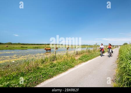 Frankreich, Somme, Le Crotoy, Radtouristen in der Baie de Somme entlang der Seefahrradroute Stockfoto