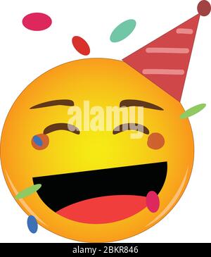 Happy Party Emoji Geburtstag in einem roten Hut und Konfetti fliegen um! Gelbes Gesicht mit rotem Partyhut, breites Lächeln als ob Lachen und Beichten Stock Vektor
