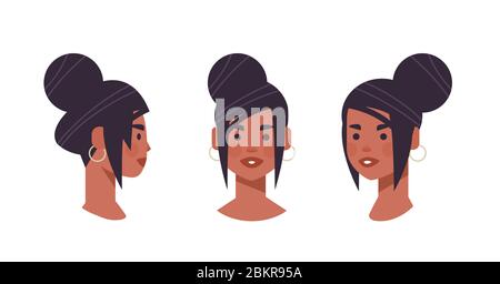 Set Mädchen Kopf Avatar Vorderseite Ansicht weiblich afroamerikanischen Charakter verschiedene Ansichten für Animation horizontal Portrait Vektor Illustration Stock Vektor