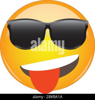 Cooles verspieltes gelbes Emoji mit herausrachender Zunge und Sonnenbrille. Cooles Gesicht Emoticon trägt Sonnenbrille, mit einem großen Lächeln und Zunge hervorsticht. Beispiel Stock Vektor