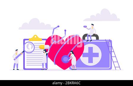 Kardiologe mit Ärzten Team erforscht menschliches Herz Krankenhaus medizinische Konzept flache Design Vektor Illustration isoliert auf weißem Rücken Stock Vektor
