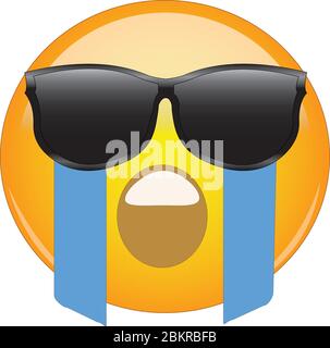 Cool Weinendes Gesicht Emoji. Gelbes Gesicht mit offenem Mund, das jammern und aus den Augen hinter der Sonnenbrille fließenden Tränen. Ausdruck von überwältigen Stock Vektor