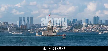 Türkei, Istanbul, Fußgängerzone entlang des Bosporus, asiatische Seite, Panoramablick auf die Insel des Leandre-Turms und die Gebäude des Bomonti-Viertels Stockfoto