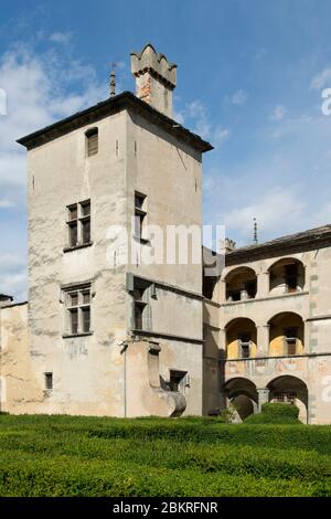 Italien, Aostatal, das Schloss Issogne, Blick von den Gärten Stockfoto