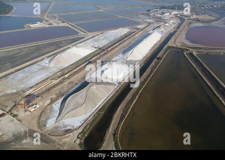 Frankreich, Gard, Camargue, salines d'Aigues Mortes, Salins du Midi, Industriegebiet und Salzhaufen (Luftaufnahme) Stockfoto