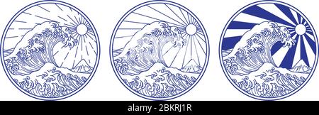 Große Ozean Welle Linie Vektor Illustration. Design in Kreisform mit blauer Linie für Tattoo oder Glas Ätzen oder jede Dekoration. Stock Vektor