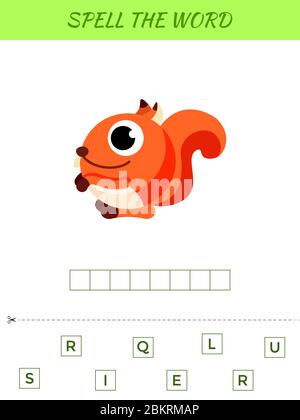 Rechtschreibung Wort Scramble Spiel Vorlage. Pädagogische Aktivität für Kinder im Vorschulalter und Kleinkinder mit niedlichen Eichhörnchen. Abbildung des flachen Vektorbestands. Stock Vektor