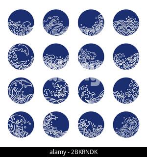 Japan Wave Line Art Vektor Sammlung Set. Indigo- und Blaudruck. Stock Vektor