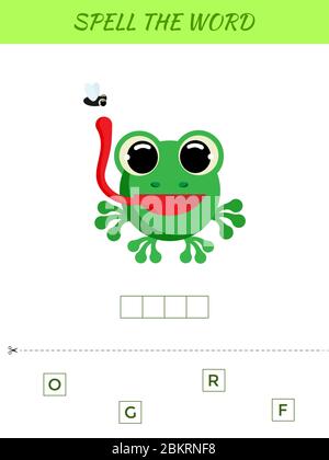 Rechtschreibung Wort Scramble Spiel Vorlage. Pädagogische Aktivität für Kinder im Vorschulalter und Kleinkinder mit niedlichen Frosch. Abbildung des flachen Vektorbestands. Stock Vektor