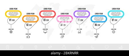 Vektor Infografiken Design Vorlage mit 7 Etiketten und Icons. Vektorlinienkonzept. Kann für Diagramm, Geschäft, Web, Banner, Workflow-Layout verwendet werden Stock Vektor