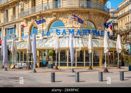 Frankreich, Bouches du Rhone, Marseille, Covid-19 oder Coronavirus Sperrung, der Vieux Port, Quai du Port, la Samaritaine Brauerei per Dekret geschlossen Stockfoto