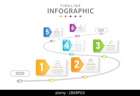 Infografik Vorlage für Unternehmen. 6 Schritte modernes Timeline-Diagramm mit Linien. Stock Vektor