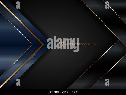 Abstrakt elegant blau geometrische Dreieck überlappen Schichten mit Streifen goldene Linie und Beleuchtung auf schwarzem Hintergrund. Luxuriöser Stil. Vektorgrafik Stock Vektor