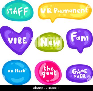 Aufklebersatz in verschiedenen Formen. Kollektion von mehrfarbigen, glänzenden Vektor-Aufklebern auf weißem Hintergrund. Teenager millenials Kultur. Cooler Ausdruck Stock Vektor