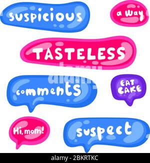 Aufklebersatz in verschiedenen Formen. Kollektion von mehrfarbigen, glänzenden Vektor-Aufklebern auf weißem Hintergrund. Teenager millenials Kultur. Cooler Ausdruck Stock Vektor