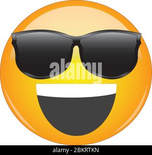 Cool glücklich grinsen gelb Emoji. Lächelndes gelbes Gesicht Emoticon trägt Sonnenbrille und mit weit geöffnetem Lächeln auf dem Gesicht. Ausdruck von cool oder Awes Stock Vektor