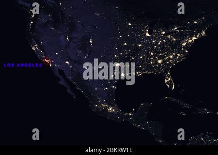Hochauflösende Karte Zusammenstellung der USA bei Nacht, die Los Angeles, Kalifornien, zeigen - Elemente dieses Bildes, die von der NASA bereitgestellt wurden Stockfoto