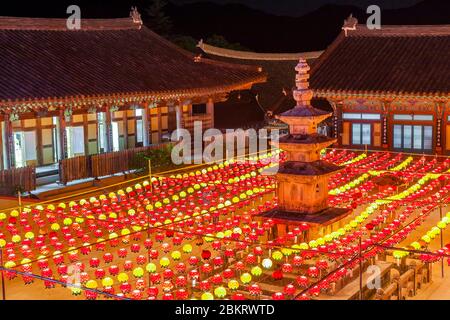 Südkorea, Südgyeongsang Provinz, Haein Tempel, Nachtansicht der hängenden Laternen im Tempelhof anlässlich Buddhas Geburtstag Stockfoto