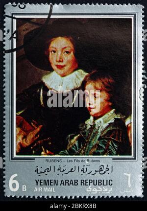 JEMEN - UM 1968: Eine im Jemen gedruckte Briefmarke zeigt die Söhne Rubens, Gemälde von Rubens, flämischer Maler, um 1968 Stockfoto