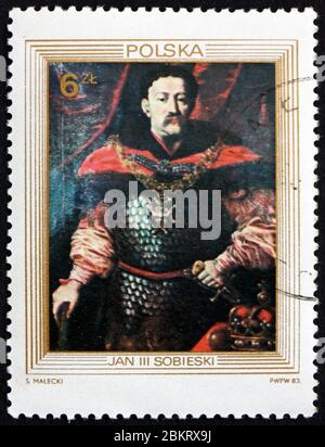 POLEN - UM 1983: Eine in Polen gedruckte Briefmarke zeigt das Porträt von König Johann III. Sobieski, Gemälde eines unbekannten Hofmalers, um 1983 Stockfoto