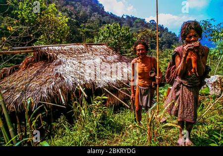 Indonesien, Sulawesi, Kolonodale, Morowali Nationalpark, Expedition zum Berg Wanas, Begegnung mit einem alten Jäger Wana und seiner Frau Stockfoto