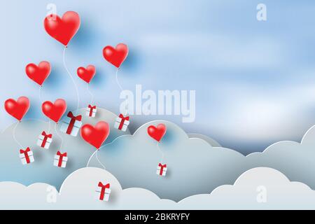 Papier Kunst des Ballons roten Herzen schweben und Geschenk-Box auf in der Luft blauen Himmel Hintergrund, Weihnachten, Festival, Vektor Stock Vektor