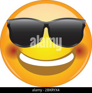 Ehrfürchtig errötete Gesicht lächelnd Emoji. Cool Happy Face Emoticon trägt Sonnenbrille und mit einem breiten Lächeln zeigt die oberen Zähne und erröten Wangen. Express Stock Vektor