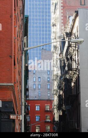 Straßenszene architektonische Details White Street Cortlandt Alley, New York, NY 10013, USA Street Light Reflections Glass Fire Escapes Stockfoto