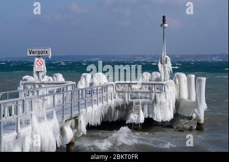 Schweiz, Kanton Genf, Versoix, die Ränder des Genfer Sees eiskalt mit sehr starkem und kaltem Nordwind, Steg mit Eis bedeckt Stockfoto