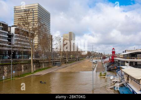 Frankreich, Paris, Hochwasser März 2020, Quai Fran?ois Mauriac, Bibliothek BNF Francois Mitterrand Stockfoto