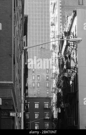 Straßenszene architektonische Details White Street Cortlandt Alley, New York, NY 10013, USA Street Light Reflections Glass Fire Escapes Stockfoto