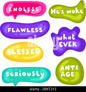 Aufklebersatz in verschiedenen Formen. Kollektion von mehrfarbigen, glänzenden Vektor-Aufklebern auf weißem Hintergrund. Teenager millenials Kultur. Cooler Ausdruck Stock Vektor