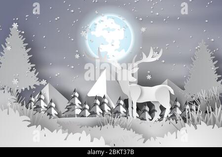 Papierkunst von Hirschen im Wald Landschaft Schnee mit Vollmond, Hügel, Vektor Stock Vektor