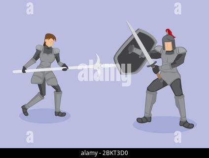 Vektor-Illustration von mittelalterlichen Kriegern in schützenden Metallpanzerung Kampf mit alten Waffen, Korsek, Schild und Schwert isoliert, auf lila Backg Stock Vektor