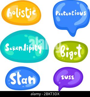Aufklebersatz in verschiedenen Formen. Kollektion von mehrfarbigen, glänzenden Vektor-Aufklebern auf weißem Hintergrund. Teenager millenials Kultur. Cooler Ausdruck Stock Vektor