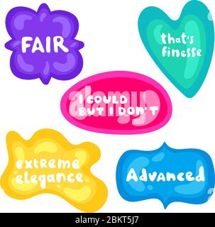 Aufklebersatz in verschiedenen Formen. Kollektion von mehrfarbigen, glänzenden Vektor-Aufklebern auf weißem Hintergrund. Teenager millenials Kultur. Cooler Ausdruck Stock Vektor