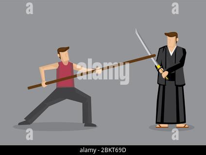 Cartoon Vektor-Illustration des Menschen mit chinesischen Stab Waffe, lange Waffe, Sparring mit Mann in japanischen Kendo Uniform mit Samurai Schwert, Katana, isol Stock Vektor