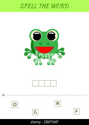 Rechtschreibung Wort Scramble Spiel Vorlage. Pädagogische Aktivität für Kinder im Vorschulalter und Kleinkinder mit niedlichen Frosch. Abbildung des flachen Vektorbestands. Stock Vektor